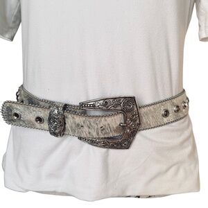 Leatherock Silver Hair-On Leather Belt Western Buckle Crystals